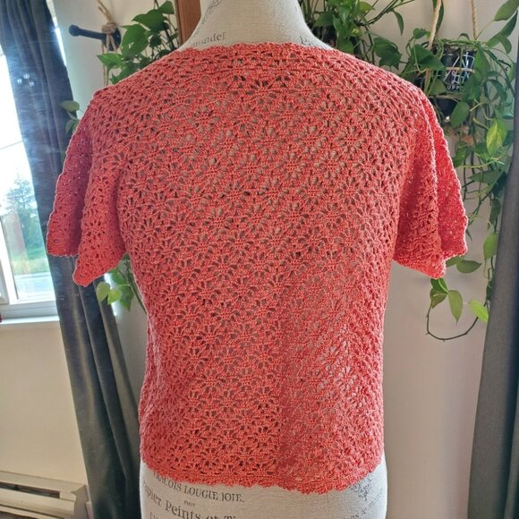 APRIL CORNELL | Salmon Pink Short Sleeve Crochet Buttoned Cardigan (Size XS/S) - Picture 4 of 5